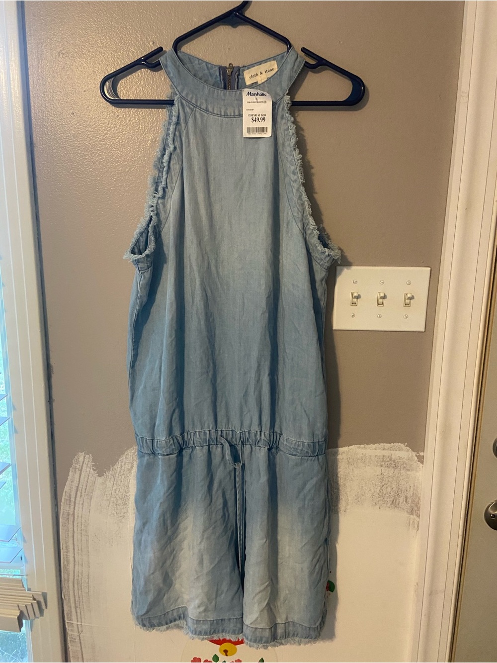 cloth & stone Light Blue Denim Halter Romper with Frayed Armholes